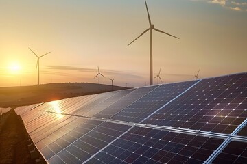 Renewable Energy Landscape with Solar Panels and Wind Turbines at Sunset