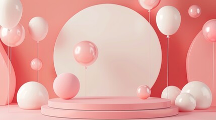 Minimalistic showcase with balloons floating on a pink background