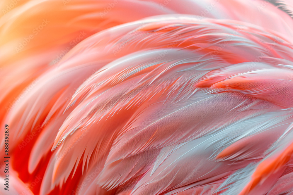 Poster a close-up of flamingo feathers, showcasing the intricate patterns and colors. , stylish in style of