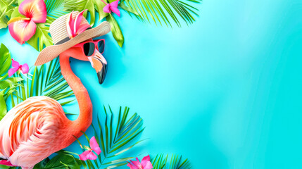 Naklejka premium Pink flamingo wearing sunglasses and summer hat relaxing on a tropical background