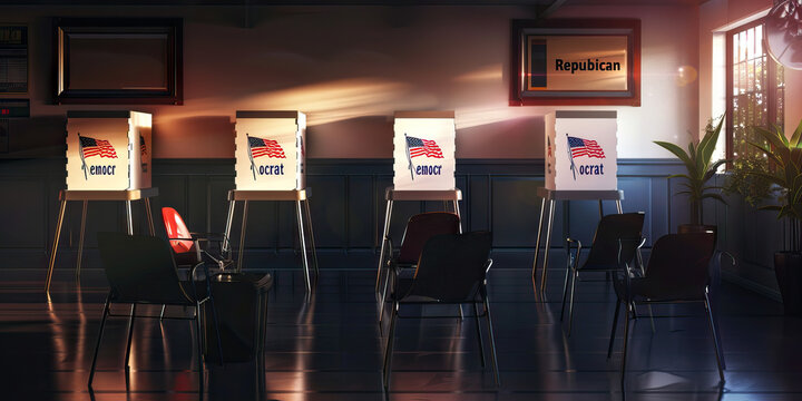 The Venerable Voting Booths: A row of closed voting booths, each with a "Republican" or "Democrat" sign, with a ballot box at the ready.