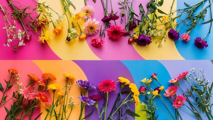Colorful flowers background flat lay top view