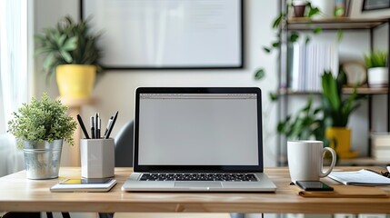 Modern bright home office setup with laptop showing blank screen for mockup