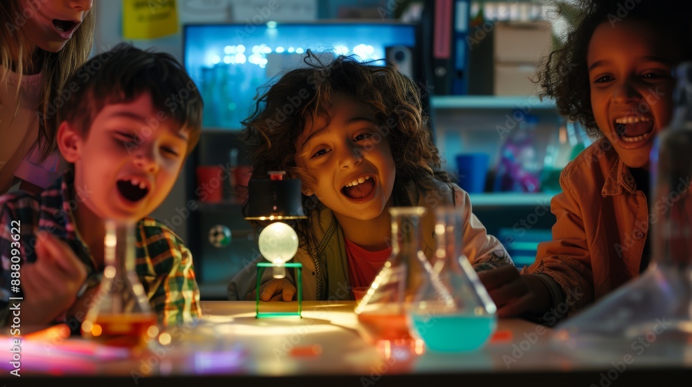 Poster elementary school students laughing and enjoying a science experiment with colorful liquids in beake