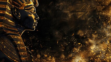 Illustration of God Anhur, the Egyptian deity, set against an ancient black and gold background. Perfect as a wallpaper with empty space and copy space.