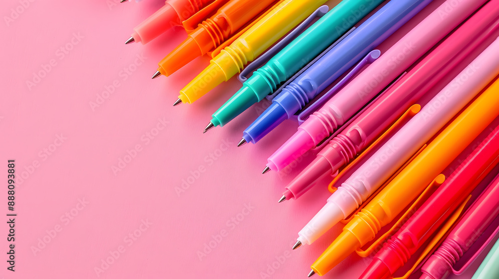 Poster multicolored felt tip pens on pink background for back to school flat lay with empty space