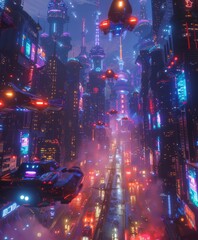 retro-futuristic cityscape, glowing neon lights, flying cars, high-rise buildings