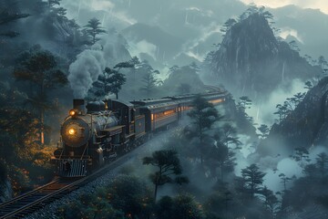 Vintage Steam Train Traversing a Mystical Mountain Landscape