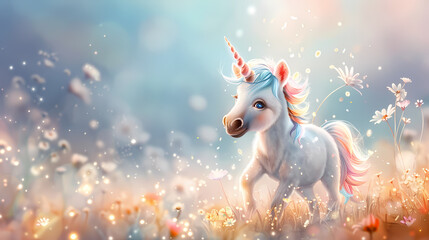 A unicorn is running through a field of flowers. The scene is bright and colorful, with the unicorn standing out against the green grass. Scene is playful and whimsical