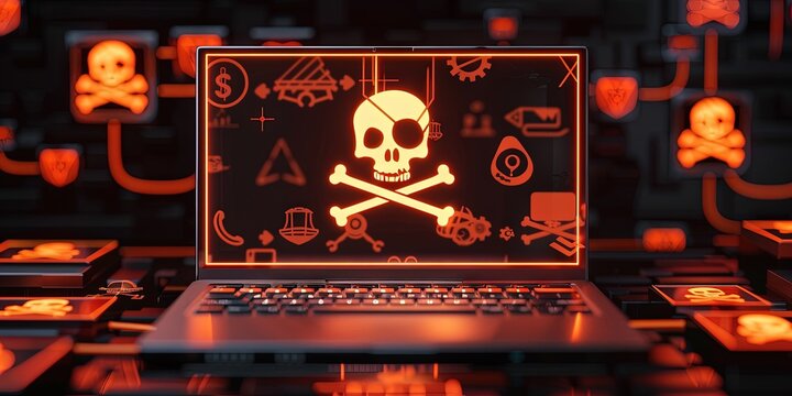 piracy website - laptop screen with jolly roger icon