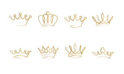 line art set of gold crown, King crown sketches, majestic tiara, king and queen royal diadems vector. Line art prince and princess luxurious head accessories isolated on white background