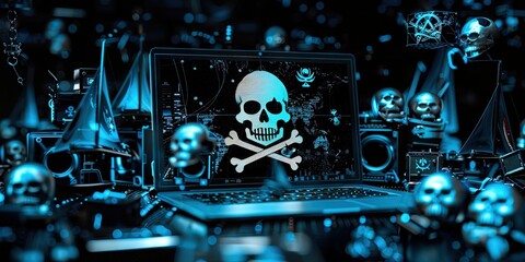 piracy website - laptop screen with jolly roger icon