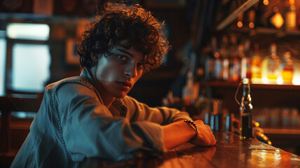 Fototapeta premium A young lonely man sits at the bar