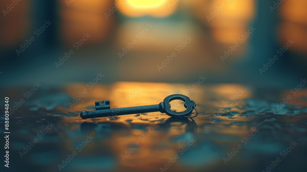 Poster a key is laying on a table with a dark background