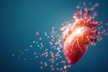 Fototapeta premium Detailed 3D rendering of a human heart with illuminated veins and arteries, showcasing cardiovascular anatomy against a blue background.