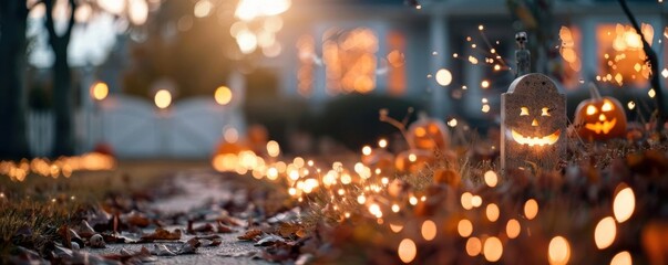 Naklejka premium Festive outdoor Halloween scene with jack-o'-lanterns and twinkling lights lining a garden path, creating a spooky, magical atmosphere.