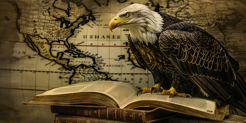 The Eagle's Eye on Democracy: An eagle perched atop a stack of open books, its gaze fixed on a map of the United States.