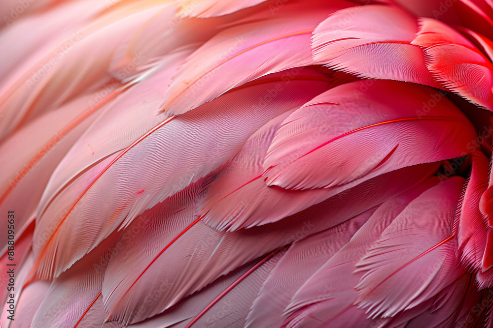 Poster a close-up of flamingo feathers, showcasing the intricate patterns and colors. , stylish in style of