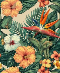 vintage botanical illustration, tropical plants and flowers, detailed linework, soft pastel colors