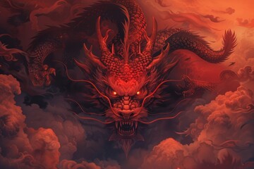 Fiery Dragon Ascending Through Crimson Clouds