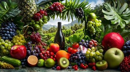 A vibrant assortment of fresh fruits arranged around a wine bottle, set against a lush green vineyard backdrop, showcasing nature's bounty.