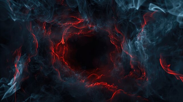 Sinister tendrils of smoke emanate from a dark and empty center, their edges tinged with foreboding red glows that intensify the eerie ambiance, 