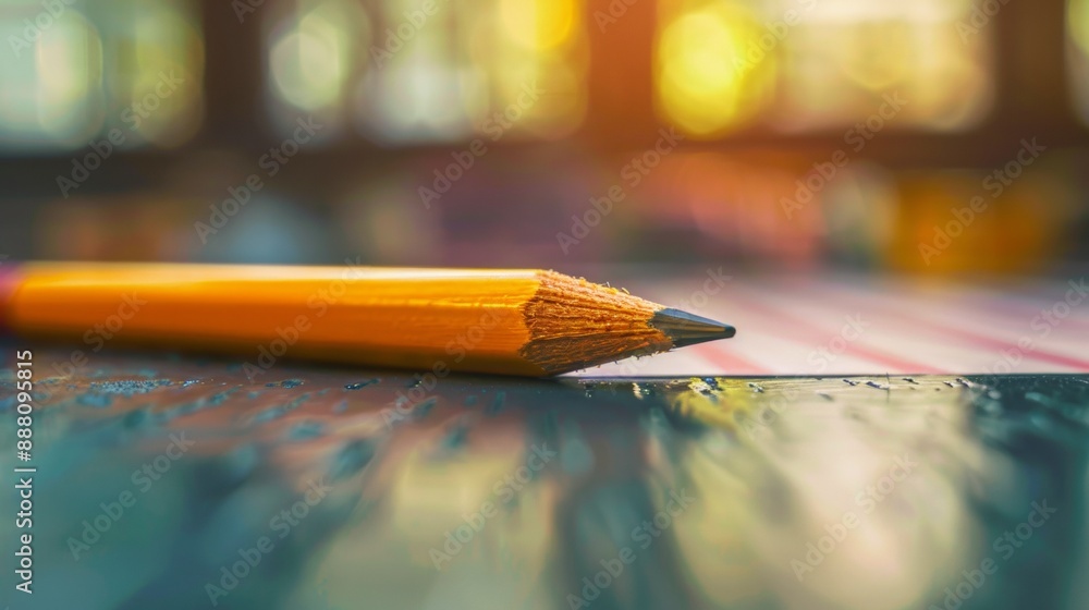 Aufkleber a pencil is on a table with a reflection of it in the table