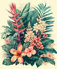 Obraz premium vintage botanical illustration, tropical plants and flowers, detailed linework, soft pastel colors