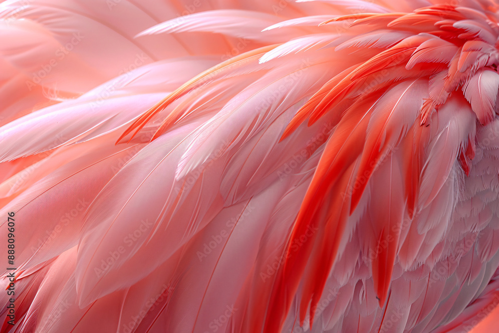Poster a close-up of flamingo feathers, showcasing the intricate patterns and colors. , stylish in style of