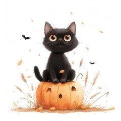 Cute black cat sitting on a pumpkin with bats and fall leaves