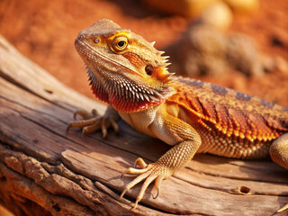 Colorful bearded dragon perches on weathered wooden log in arid Australian outback surroundings, showcasing vibrant scales, spiky beard, and reptilian charm.