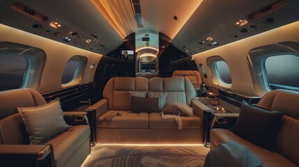 Luxurious first-class airline cabin with spacious seats, personalized service, and ambient lighting, providing an unparalleled travel experience