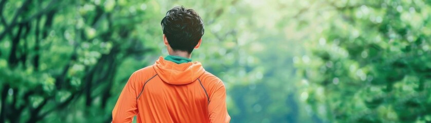 Man running outdoors on a green nature trail, wearing an orange jacket, viewed from behind, surrounded by lush trees and bright natural light.