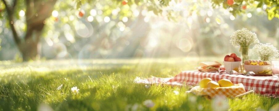 Sunny picnic scene with a blanket, basket, and food in an orchard with fruit trees. Perfect for outdoor relaxation and leisure activities.