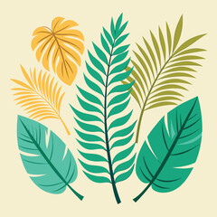 Tropical different types of exotic leaves set. Jungle plants. Calathea, Monstera, and palm leaves. Realistic vector  illustration isolated on a white background