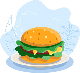 Delicious burger lying on plate with tropical leaves background
