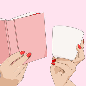 Illustration of Hands Holding a Text Notes Paper Notebook Book and a Coffee Cup on Pink Background