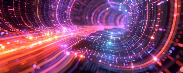 Obraz premium Futuristic glowing digital data particles form a glowing tunnel of light