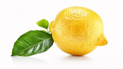 Natural Lemon fruit with cut in half and green leaves isolated on white background. Clipping path.