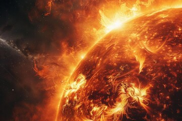 Obraz premium Suns surface, detailed solar activity, vibrant fiery colors, highresolution, surrounded by the dark void of space, intense energy