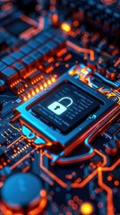 Fototapeta premium Secure connection concept, computer motherboard closeup, safety lock, verified credentials, wide banner design, glowing circuits, Generative AI cybersecurity