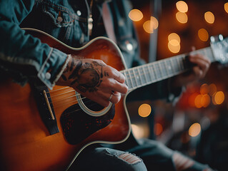 Fototapeta premium Close-up of Tattooed Guitarist Playing Acoustic Guitar with Warm Bokeh Background at Night