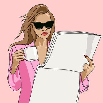 Illustration of a woman holding a newspaper and a coffee cup
