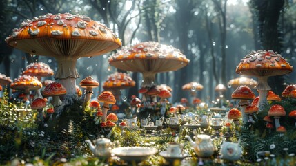 Oversized mushrooms, teacups, and mismatched cutlery spread across a grassy hill