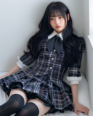 制服姿で横たわる若い日本人女性のポートレート