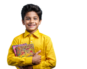 young boy in yellow T-shirt hugging an assortment of multicolored books pressed to his chest with a transparent background, back to school