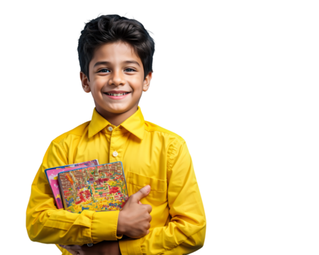 young boy in yellow T-shirt hugging an assortment of multicolored books pressed to his chest with a transparent background, back to school