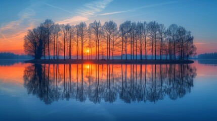 Fototapeta premium line of trees reflected on a lake at dusk