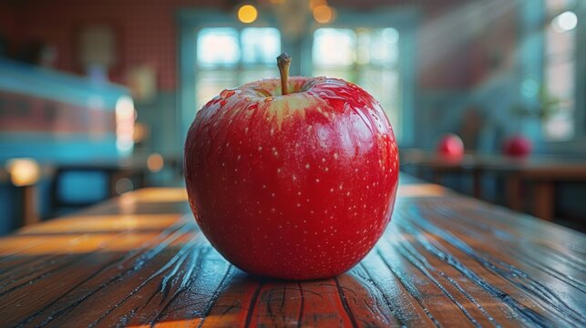 red appla on the wooden table