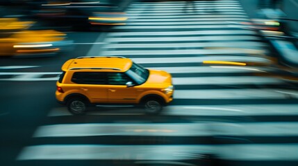 Blurred Motion of Yellow Taxi Speeding Through City Crosswalk